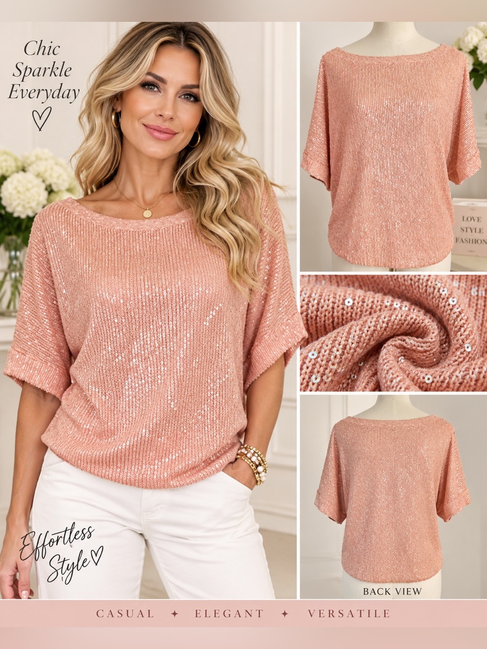 Trina Turk Peach Sequin Short Sleeve Ribbed Knit Top